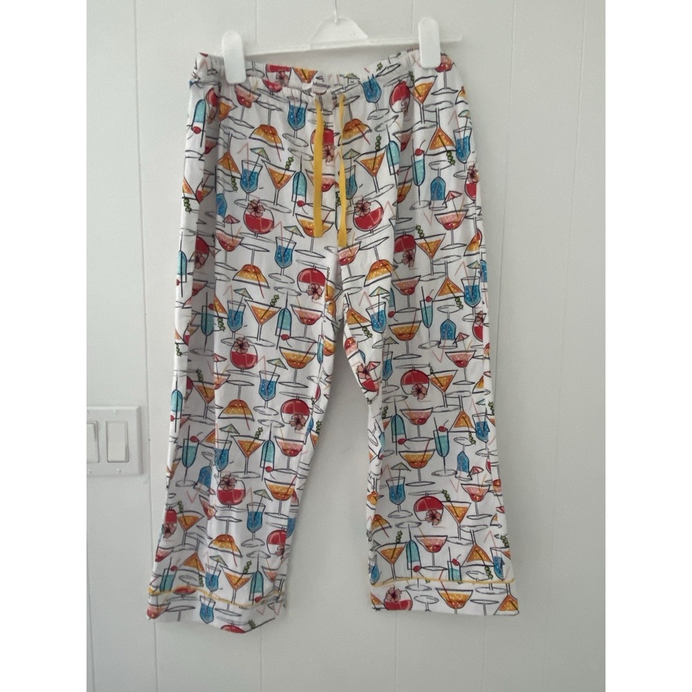 Massey Women's Sz Large Pajama Bottoms White With Cocktails Cotton Elastic‎